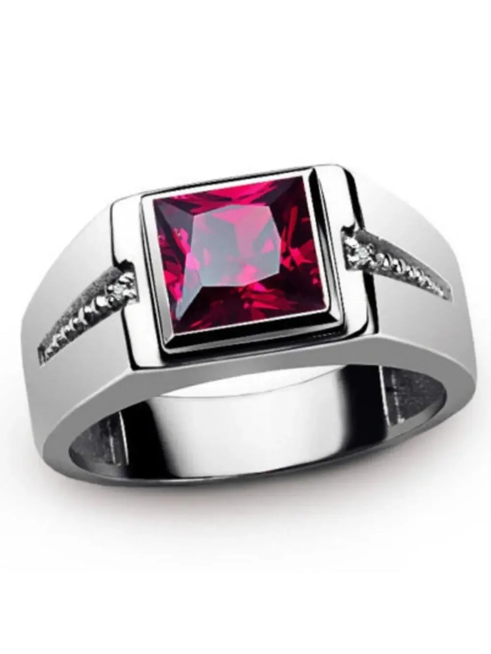 Red square with accents RING - Silver - CZs - size 12